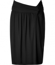 Luxurious skirt of fine black rayon - Wonderfully soft and flattering - With glamorous, figure-flattering draping - Slim, but not too narrow cut, slightly flared and decoratively gathered - Professional, just above the knee length - A figure knockout, molds your curves, hides any little fat and makes you look totally slender - A dream of a skirt for business and afterwards - For the office with a blazer and blouse, for evening with a tunic and booties or sandals