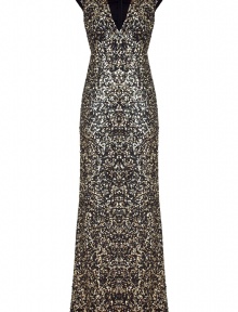 With statement-making sequins and a dramatic floor-sweeping length, this black tie gown from Jenny Packham is an investment in high style - V-neck, cap sleeves, fitted bodice, full maxi-length skirt with slight high-low hem, all-over sequin embellishment, concealed back zip closure - Pair with sky-high platform heels and a simple clutch