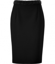 Luxe pencil skirt in fine, black viscose and synthetic fiber blend - Classically chic, slim cut - Higher waist, hits just above the knee - Flattering fabric darts at hips - Gorgeous circular beaded embellishment at waistband - The details we love: sexy slit and silver zipper at back - Sophisticated and stylish, easily transitions from day to evening - Pair with a silk button down, cropped leather jacket or blazer and platform ankle booties