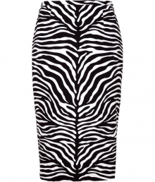 Luxe pencil skirt in fine, rayon stretch blend - Timelessly chic, eye-catching black and white zebra print - Sexy, curve-accentuating silhouette - Long and lean cut, hits at knee - Back vent - Zips at side - Sleek and sophisticated, seamlessly transitions from day to evening - Go for a polished look with a button down and ballet flats, or spice it up with a silk blouse and platform pumps