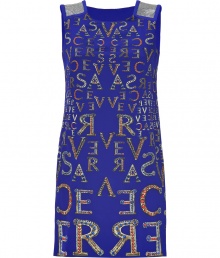 Stand out in signature style with Versaces optical lettered silk sheath, detailed in radiant electric blue for eye-catching results guaranteed to make an impact - Rounded neckline, sleeveless, sequined shoulder panels, straight silhouette - Team with a mash-up of metallic accessories for dressy cocktails