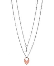 Fossil has the key to your heart with this double-chain pendant. The necklaces, crafted from silver-tone stainless steel, feature a key pendant and a heart one, crafted from rose gold-tone metal. Approximate length, key necklace: 17 inches. Approximate length, heart necklace: 18 inches + 2-inch extender.