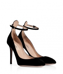 With their flawless black suede and sweet rounded toe, Valentinos modern cut high heel pumps count as a wear-everywhere must - Rounded toe, buckled ankle strap, low-cut sides, stiletto heel - Pair with everything from feminine cocktail dresses to sleek ankle trousers