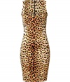 Work a wild edge into your cocktail attire with Just Cavallis eye-catching leopard print shift dress - Scoop neckline, medium-width straps, hidden back zip, kick pleat - Form-fitting - Wear with platform pumps and a jet black leather clutch