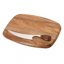 The knife's almond-shaped handle is easy to grasp and interesting to look at. It rests in a matching hollow in the cheese board. Board crafted of wood; knife crafted of wood and stainless steel.