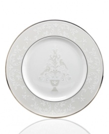 A classic for Christmas. The Opal Innocence holiday accent plate provides a festive twist on the beloved Lenox dinnerware collection with two turtle doves, delicate vines and enamel dots in platinum-banded china.