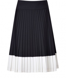 A cool take on ladylike sophistication, Marc by Marc Jacobs two-tone pleated skirt is a sleek separate perfect for adding a smart edge to your outfit - Hidden side zip, flat waistband, overlap detail at color change - Fitted waist, flared pleated skirt - Team with tailored tops and statement leather accessories