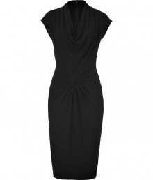 Figure-flattering and undeniably elegant, this artfully draped black dress from Michael Kors makes an enviable statement - Fitted, feminine cut contours curves - Cap sleeves and draped cowl neck  - Slimming, decorative gathered knot detail at waist - Pencil-style skirt hits at knee - Zips at back - Seamlessly transitions from work to cocktails, dinner, openings and parties - Pair with a clutch and platform pumps or sandals