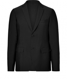 Exquisitely tailored with a flawless slim fit, Jil Sanders classic black blazer guarantees to give your look a seamlessly sophisticated edge - Notched lapel, long sleeves, buttoned cuffs, double-buttoned front, flap pockets, back vent - Contemporary slim fit - Wear with an immaculately cut shirt and matching slim fit trousers