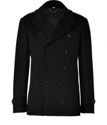 Classically sophisticated, this urbane take on the classic peacoat is elevated with a luxe cashmere-and-wool fabrication - Wide lapels, long sleeves with belted cuffs, double-breasted, front button placket, fitted silhouette - Pair with slim trousers or jeans and a cashmere pullover