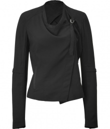 An edgy take on the classic black blazer, this version from Helmut Lang boasts a flattering drape and an on-trend asymmetrical closure - Round neck, long sleeves with seaming detail, asymmetrical fold-over closure with silver D-ring, adjustable back belt - Style with moto-inspired skinny jeans, a draped tank, and platform pumps