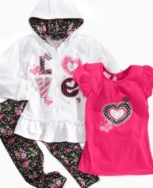 Love is all around her, especially when she wears this shirt, hoodie and leggings set from Nannette.