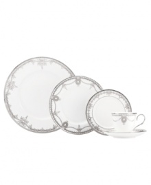 A show-stopping place setting from Marchesa by Lenox, this Empire Pearl dinnerware wows everyone around the formal table with bedazzling platinum patterns in fine bone china. A gracefully shaped cup, plates and more lend chic style to entertaining.