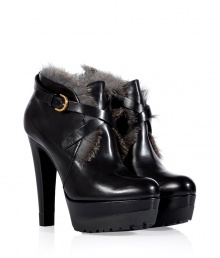 Inject urban glamour into your luxe footwear wardrobe with Sergio Rossis edgy fur trimmed booties, detailed with a chunky platform lug sole for that cool moto feel - Soft almond toe, buckled front strap platform, blocky heel, thick lugged rubber sole - Team with edgy coated leggings and cropped outerwear, or try with classic coats and soft cashmere dresses