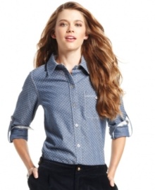 Go cute in this polka-dot-hot update to the button-down chambray top! From Tommy Girl.