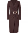 Bring instant sophistication to your party-ready look with this sleek belted dress from Michael Kors - V-neck, long sleeves, draped waistline with ornate buckle detail, fitted silhouette, concealed back zip closure - Style with a slim trench and platform heels