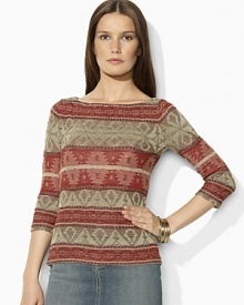 A chic boat neck and three-quarter length sleeves lend feminine elegance to a patterned knit linen top.