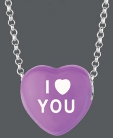 Sugary sweet style you can wear! Sweethearts' I LOVE YOU pendant features a purple enamel surface and polished, sterling silver setting and chain. Copyright © 2011 New England Confectionery Company. Approximate length: 16 inches + 2-inch extender. Approximate drop: 1/2 inch.