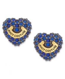 Follow your heart. These ladylike heart stud earrings feature sapphire-hued pave crystals and a gold tone logo banner. Crafted from hematite tone mixed metal. Approximate diameter: 3/8 inch.