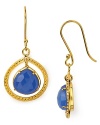 Textured gold and blue chalcedony come together in Coralia Leets framed drop earrings. Rich 22K gold plating brings out the stone's natural beauty for goddess-like glamour.