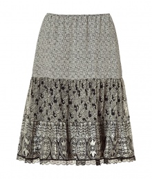 Elegant A-line skirt is typical of Anna Sui with a decorative print of black and white in pure silk - Comfortable, thin elastic waist - Texture changes from smooth, to soft pleats, to lace trim - Pleasant length falls at knee, making it perfect for most occasions - Pait with favorite heels, fitted top and cashmere cardigan for the office, or a tank and flats for a casual after-hours look