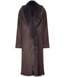 Add super-luxe style to your cold weather ensembles with this sumptuous full-length shearling coat from Jil Sander - Fur-trimmed shawl collar, fur trim down front, long sleeves, slit pockets, full-length, narrow silhouette - Wear with skinny jeans, a cashmere pullover, and shearling boots