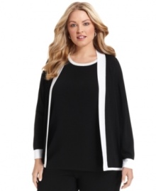 A classic cardigan makes for easy layering all season long. Wear Calvin Klein's colorblocked plus size version with the coordinating knit pants for the office or try it with a pair of jeans on the weekend.