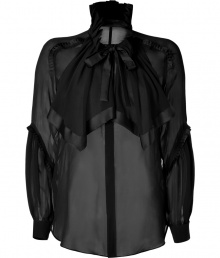 Gothic style goes luxe in this sheer ruffle-laden silk top from Roberto Cavalli - Round neck with back stand collar, concealed front button placket, cascading ruffled overlay at neckline, billowy long sleeves with ruffled seam detail, ruffle trim at back yoke, relaxed silhouette - Wear with leather leggings, platform pumps, and an embellished clutch