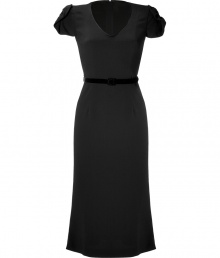 Take on this seasons love for everything ladylike in LWren Scotts ultra feminine mid-length sheath, detailed with rich velvet trim for an exquisitely romantic finish - V-neckline, ruffled cap sleeves, belted waistline, hidden metal back zip - Form-fitting, flared hemline - Team with platform peep-toes and a statement box clutch