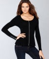 Exposed zippers and stylish ribbing create a trendy petite cardigan from INC.