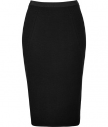 An exquisite choice for business to cocktails looks, Donna Karans stretch wool pencil skirt cuts a flattering feminine figure no matter how you wear it - Black elasticized grosgrain waistband, contoured seaming, hidden back zip, pleated back hemline - Form-fitting - Team with feminine tops and standout statement accessories