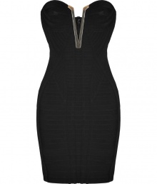 A dramatic evening staple, this hardware accented Herv? L?ger bandage dress makes a bold impact and expertly hugs every curve - Metal trimmed slit neckline, strapless, bandage style, paneled back zip closure - Extra form-fitting - Style with metallic heels and a statement clutch