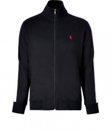 Work out without compromising on style in Ralph Laurens super soft fleece zip-up sweatshirt - Stand-up collar, long sleeves with white side stripes, zippered front slit pockets, fine ribbed trim and paneling under arms, embroidered red polo player chest - Modern slim fit - Wear with your favorite sweatpants and bright sneakers