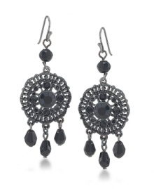 Jet crystals add dramatic detailing to Carolee's chic chandelier earrings. Crafted in hematite tone mixed metal, they'll look suitably stylish for both daytime and evening wear. Approximate drop: 2-1/2 inches.