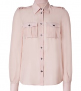 Streamline your look with military precision in Emilio Puccis utility-style blush silk shirt - Classic collar, long sleeves, buttoned cuffs, buttoned epaulettes and pleated chest pockets, button-down front, shirttail hemline - Loose fit - Wear with slim-fit trousers and bright leather flats