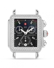 Inspired by Art Deco architecture, the Deco timepiece from Michele embodies clean, sophisticated style. 120 sparkling diamonds detail the stainless steel case. The signature Michele crown accents this stunning watch head. Fits with any 18 mm Michele watch strap.