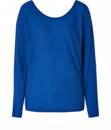 Paint color into your contemporary knitwear collection with Vinces royal blue scooped neck pullover - Scooped neckline in front, V-neckline in back, long slim dolman sleeves, relaxed fit - Pair with edgy separates and chunky statement jewelry