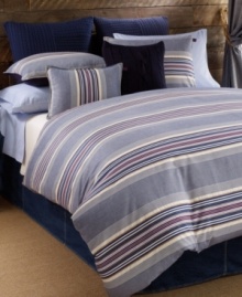 Snug stripes. This Sun Valley duvet cover set from Tommy Hilfiger features textured blue and ivory horizontal stripes with red and tan accents for homespun charm. Reverses to solid.