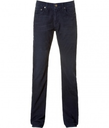 Stylish pant in fine wale indigo corduroy - Modern slim cut - Light whisker detail - Traditional five pocket style with button closure and belt loops - Pair with t-shirts or denim button downs and trainers - Inseam: 33.5 Front rise: 10.2 - Back rise: 15 - Width of legs: 7.9 - Measured in size 32 Material: 100%Cotton