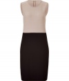 Bring classic sophistication to your workweek style with this luxe wool colorblock frock from Salvatore Ferragamo - Round neck, sleeveless, classic sheath style, cream-colored fitted bodice with black skirt, exposed back zip closure - Wear with patterned tights, platform pumps, and a cashmere cardigan