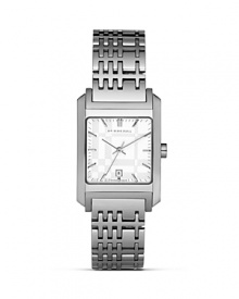 This sleek watch from Burberry features a stainless steel square case with a subtle sun ray textured face, and a check-inspired link bracelet.