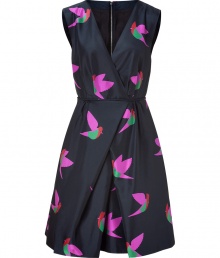 Party-perfect and versatile, this bird printed dress from Marc by Marc Jacobs bring quirky-cool style to any ensemble - V-neck, sleeveless, faux wrap front, fitted bodice, full skirt with front pleat, all-over bird print, exposed back zip closure - Style with peep-toe platforms and a statement clutch