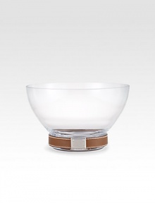 Supple stitched leather and sleek nickel accents imbue the Henley serving bowl with heritage panache.Leather/glass/nickel5.7H X 9.5DClean leather with a soft clothHand wash glassImported