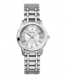 Mark each hour with graceful elegance. Watch by Bulova crafted of stainless steel bracelet and round case. Silver tone dial features applied stick indices, minute track, date window at three o'clock, three hands and logo. Quartz movement. Water resistant to 30 meters. Three-year limited warranty.