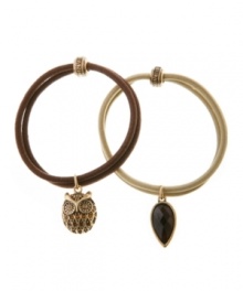 Eye-catching elements. Whimsical owl and chic crystal charms will add fashionable flair to your hairstyle, courtesy of Lucky Brand's set of two elastic hair bands. Made in plastic, the charms are set in gold tone mixed metal. Approximate diameter: 1-3/4 inches.