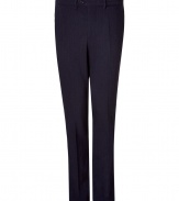 Stylish pants made ​.​.in fine, dark blue heather wool stretch - Cut slim, straight and long - With flattering pleats - Luxurious and casual at the same time - Button closure and zipper - Two diagonal side pockets - High quality and wonderfully comfortable - A favorite pair of pants you will wear for a lifetime - With a shirt to the office, cashmere pullover for leisure