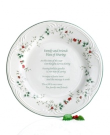 Equally beautiful for use or display, this Friends and Family plate from the Winterberry collection serves as a joyful reminder of the true spirit of the season. Raised, hand-painted holly leaves and bright red berries dance along the scalloped sides. From Pfaltzgraff's holiday collection of dinnerware and dishes.