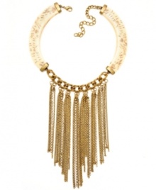 Drape yourself in the colors of luxury. Haskell's drop-dead gorgeous frontal necklace combines a unique mix of gold and ivory-plated mixed metal chains combined with crystal cup chain accents and acrylic beads for a totally-dramatic look. Approximate length: 14 inches + 3-inch extender. Approximate drop: 6-1/2 inches.