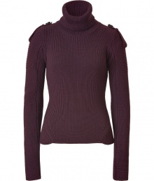 Recently relaunched with a fashion-forward aesthetic, Belstaffs take on modernized knitwear makes the turtleneck pullover a downtown-approved must-have essential - Ribbed turtleneck, epaulets, figure-hugging ribbed knit with seaming detail at waist, slim fit - Wear with a leather mini-skirt, opaque tights, and heels