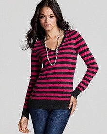 Worn on its own or layered with textured knits, this C by Bloomingdale's striped sweater is rendered in plush cashmere for effortlessly luxurious style.